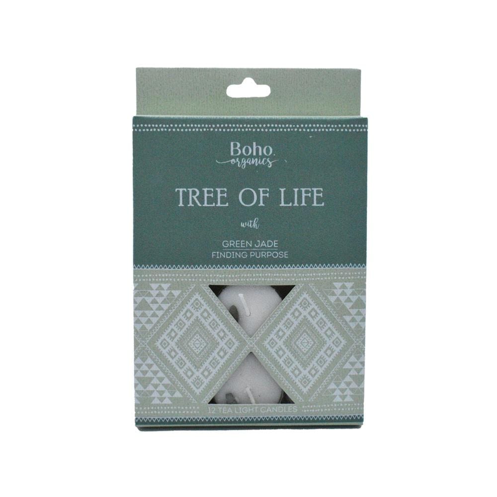 Boho Organics 12 Tea Light Soy Candles with Green Jade Crystals - Tree of Life &Keep
