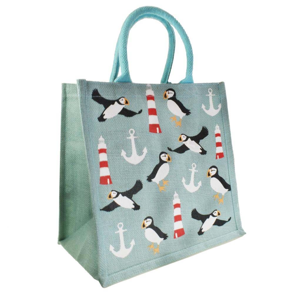Medium Jute Shopping Bag by Shared Earth - Puffins & Lighthouses &Keep