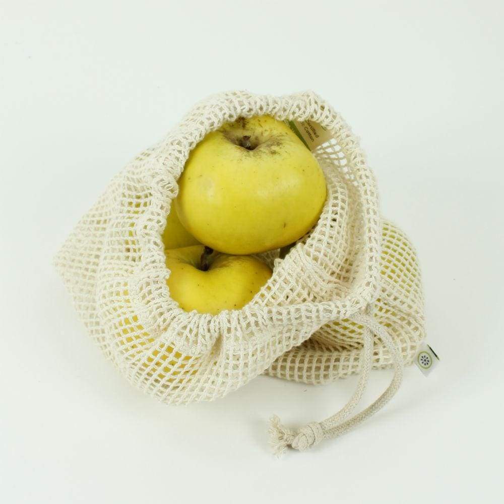 Pack of 5 Natural Cotton Mesh Drawstring Bags. Eco- Friendly Fruit