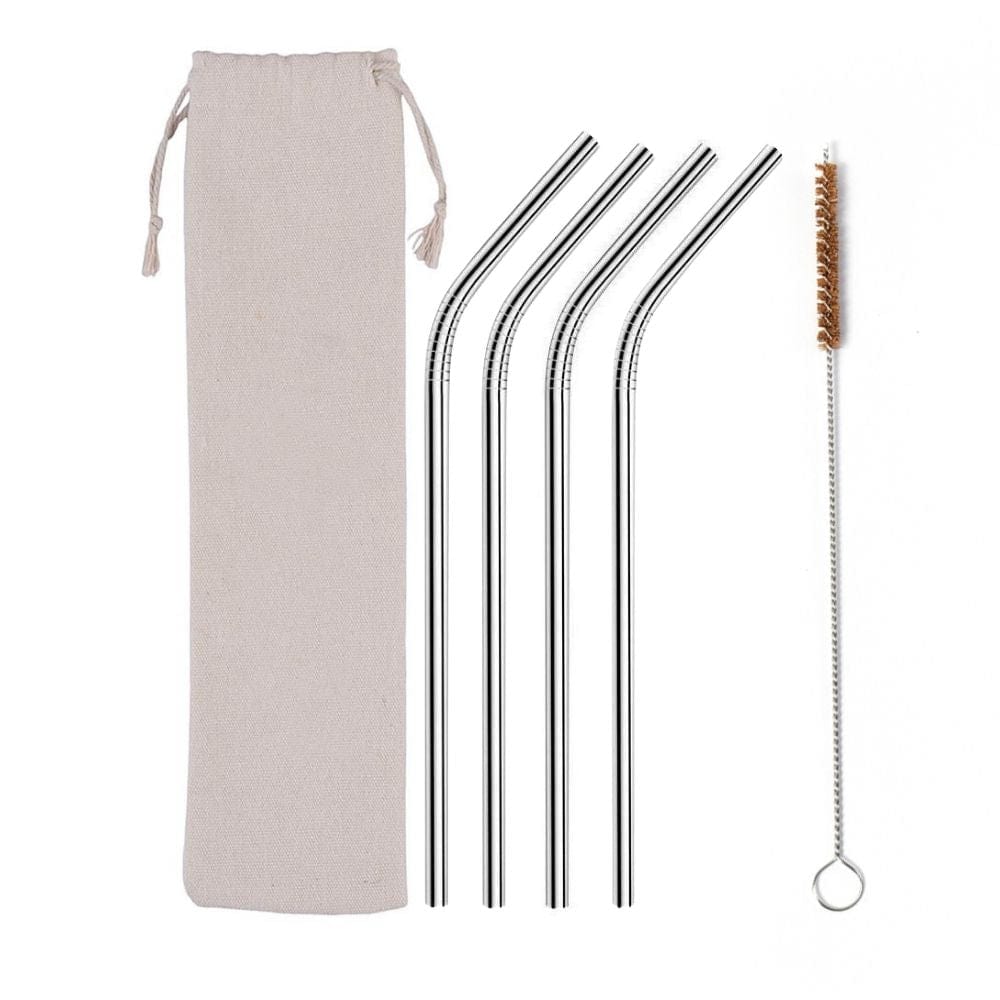 &Keep Set of 4 Stainless Steel Straws, Cleaning Brush & Bag Silver