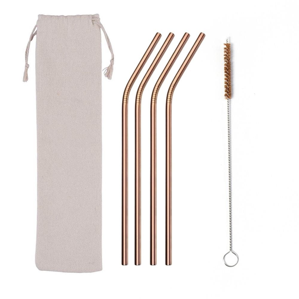 &Keep Set of 4 Stainless Steel Straws, Cleaning Brush & Bag Rose Gold