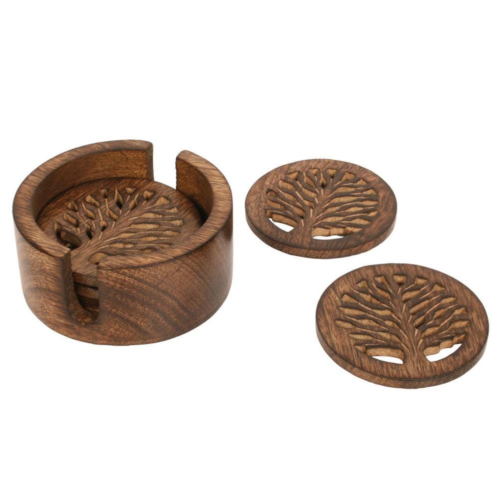 Set of 6 'Tree of Life' Mango Wood Coasters & Holder &Keep