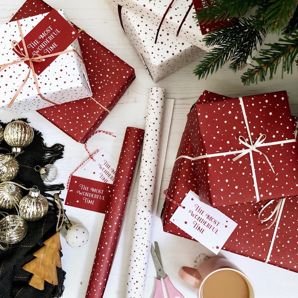 The Most Wonderful Time Red Wrapping Paper & Tag Clara & Macy &Keep