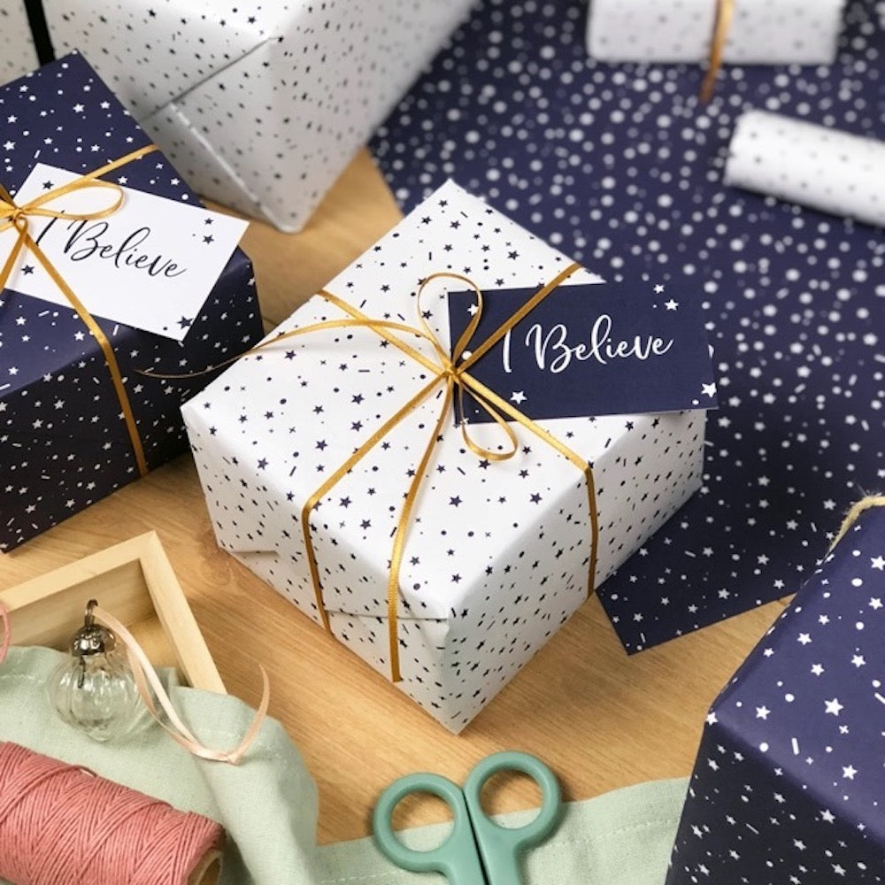 'I Believe' Christmas Stars White Wrapping Paper & Tag Clara & Macy &Keep