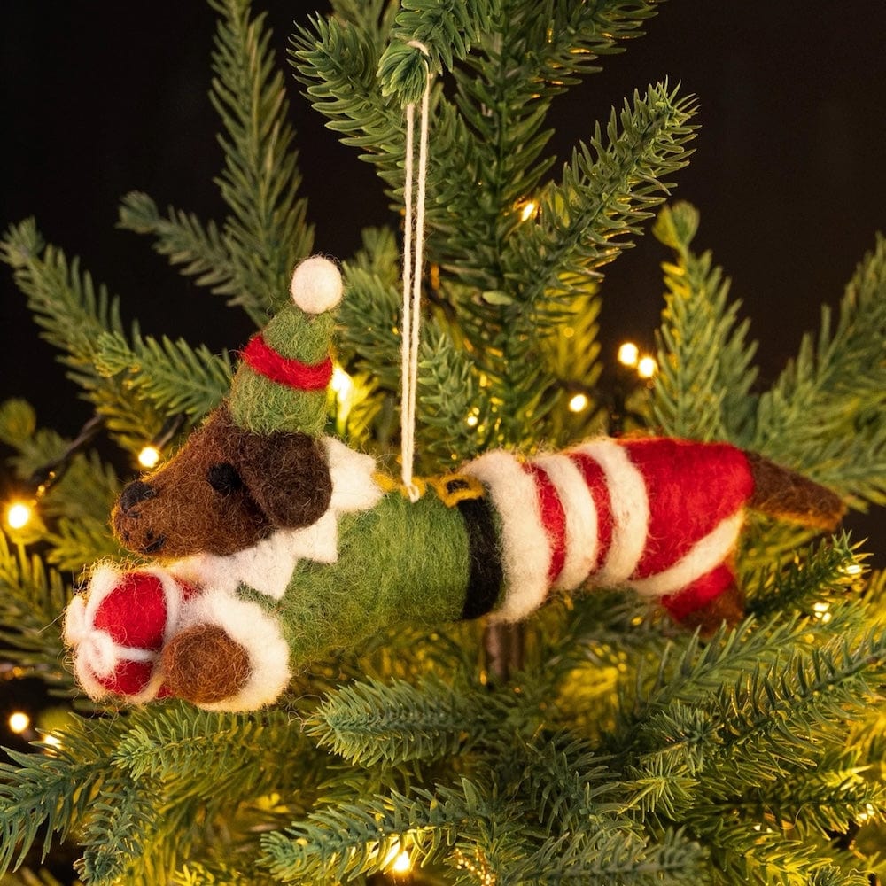 Elf Sausage Dog Felt Hanging Decoration by Amica &Keep