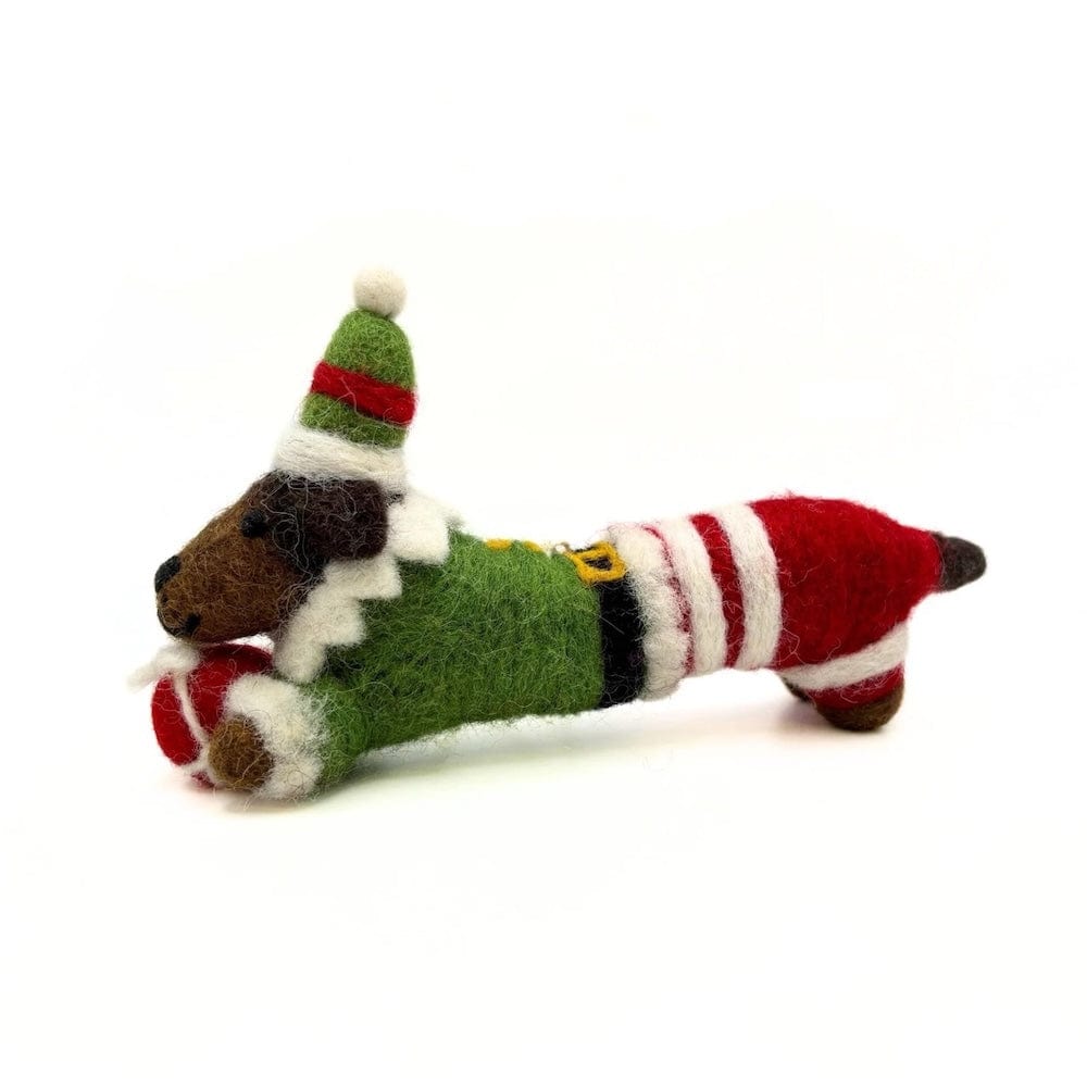 Elf Sausage Dog Felt Hanging Decoration by Amica &Keep