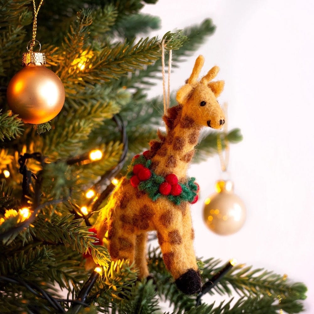 Giraffe with Holly Wreath Felt Hanging Decoration by Amica &Keep