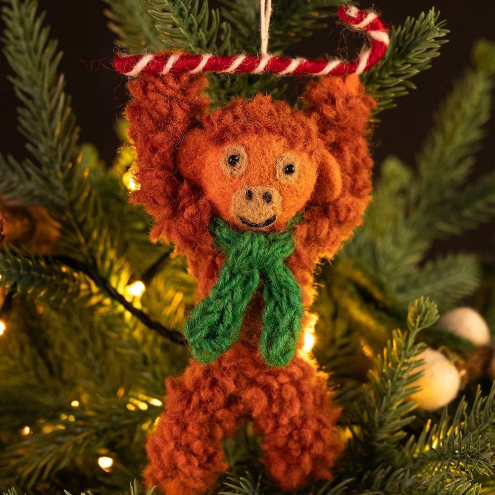 Orangutan with Candy Cane Felt Hanging Decoration by Amica &Keep