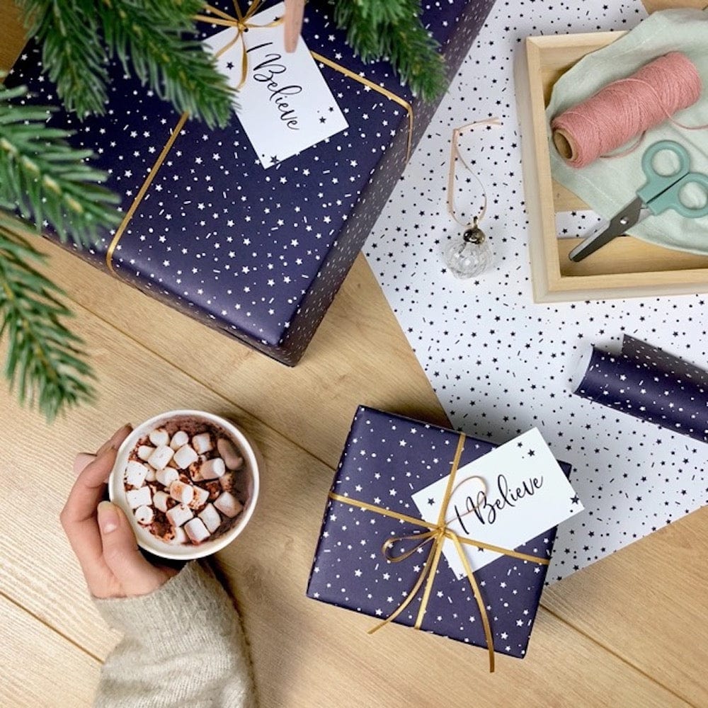 'I Believe' Christmas Stars Navy Wrapping Paper & Tag Clara & Macy &Keep