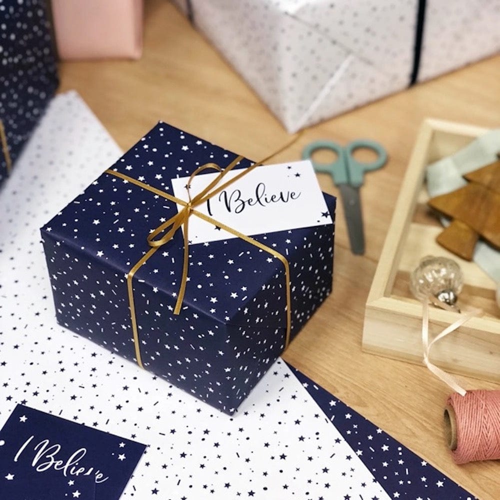 'I Believe' Christmas Stars Navy Wrapping Paper & Tag Clara & Macy &Keep