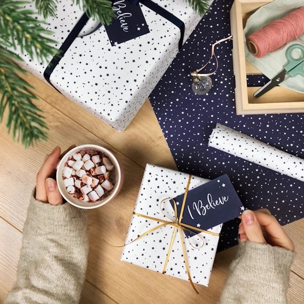 'I Believe' Christmas Stars White Wrapping Paper & Tag Clara & Macy &Keep