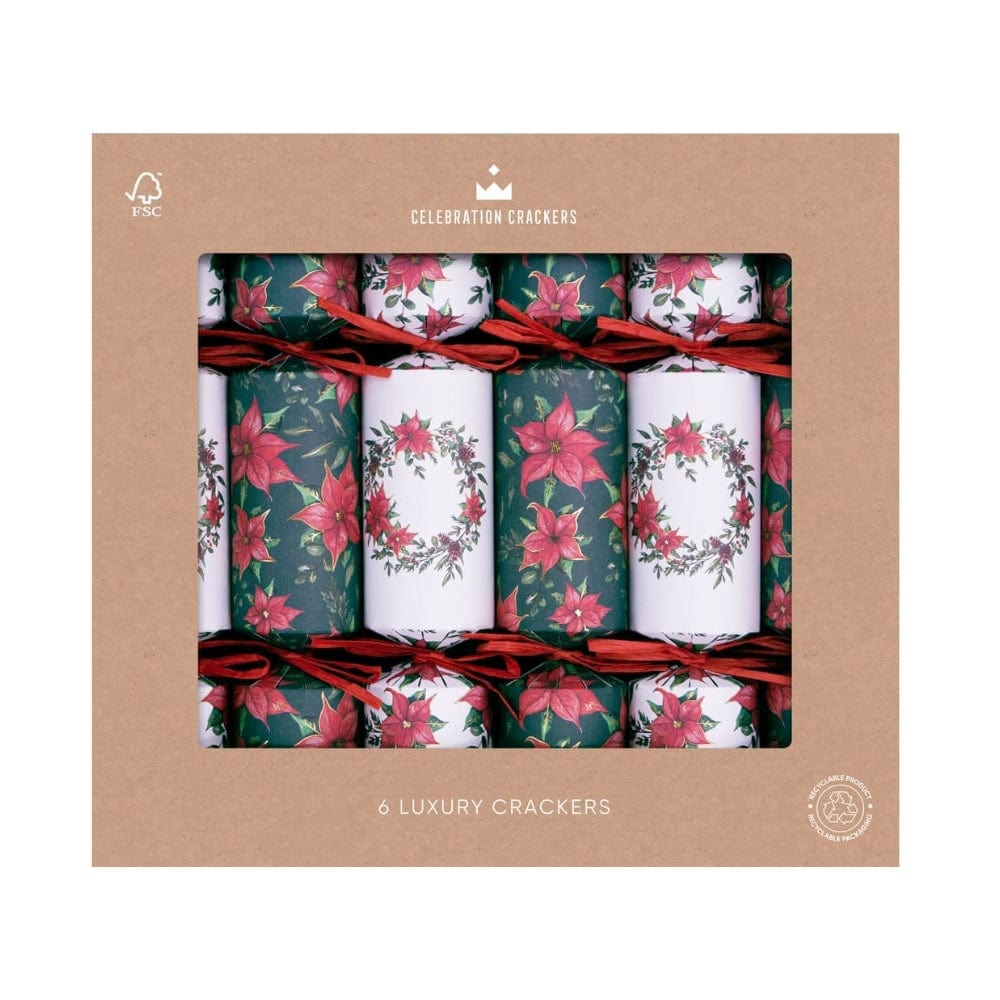 Red Poinsettia FSC Luxury Christmas Crackers Box of 6 &Keep