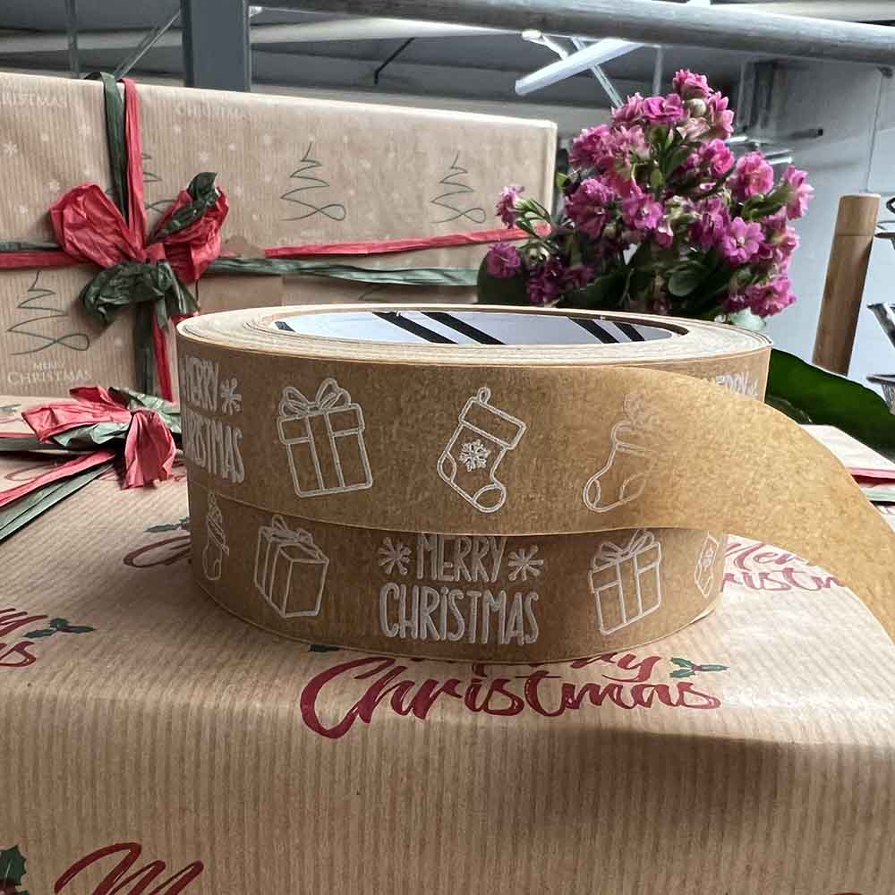 Gifts & Stockings White Print Festive Biodegradable Paper Tape 24mm x 50m &Keep