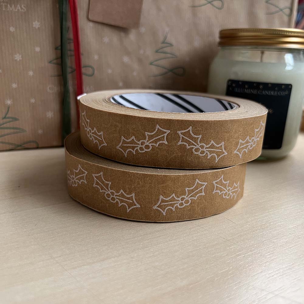 Holly White Print Festive Biodegradable Paper Tape 24mm x 50m &Keep