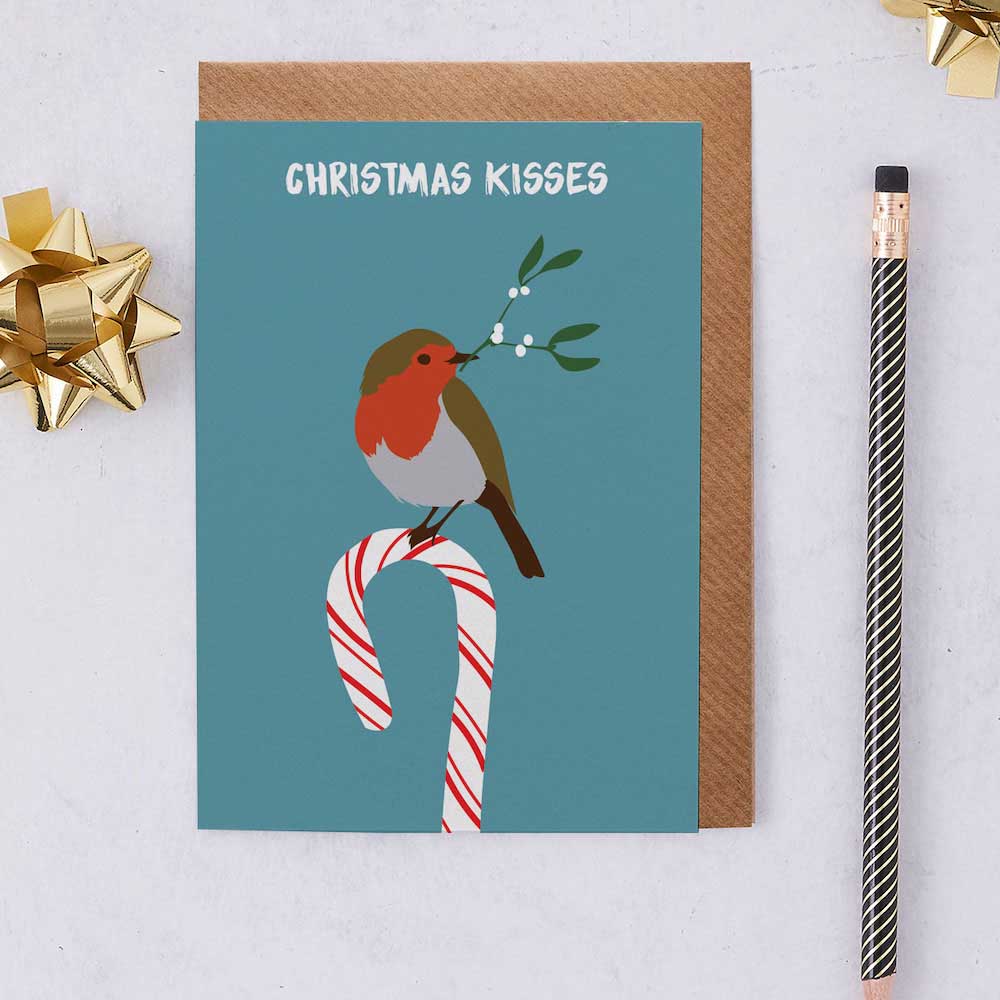 Christmas Kisses Robin Greetings Card Lorna Syson &Keep