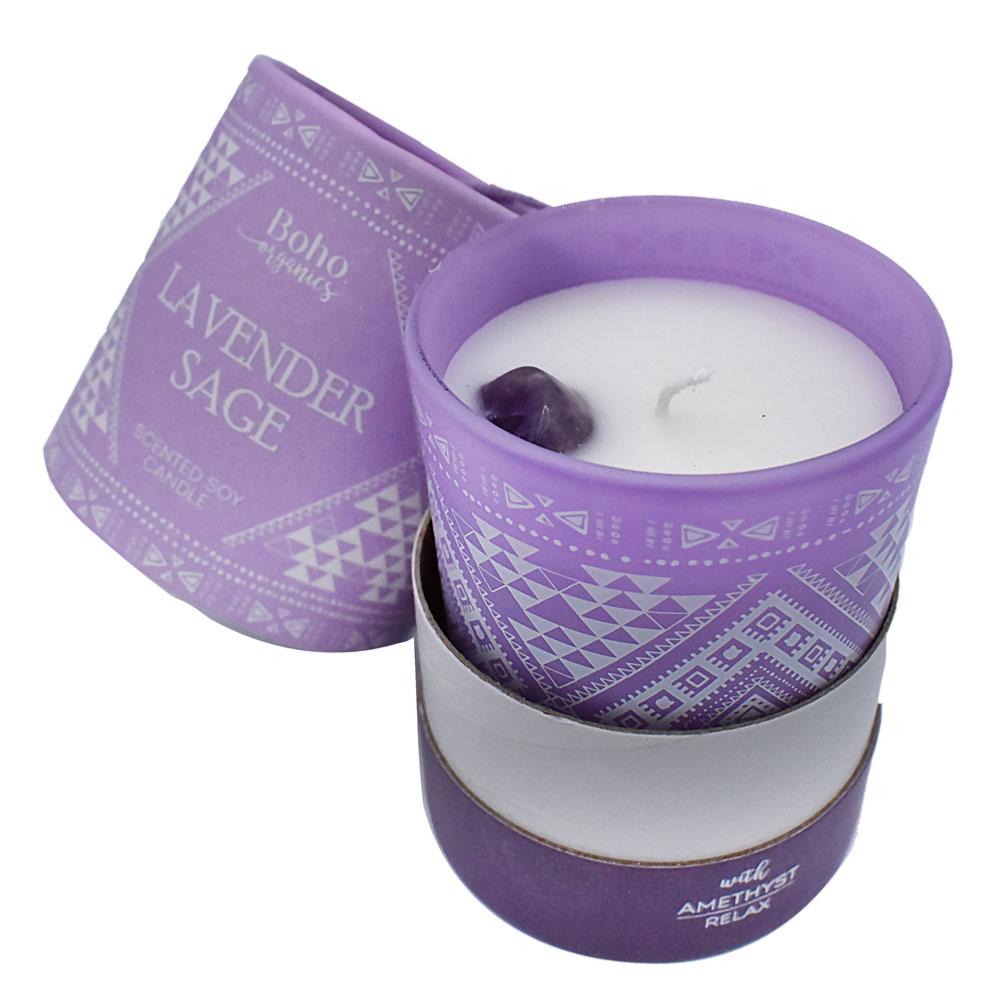 Boho Organics Soy Candle with Amethyst Crystals - Lavender Sage &Keep