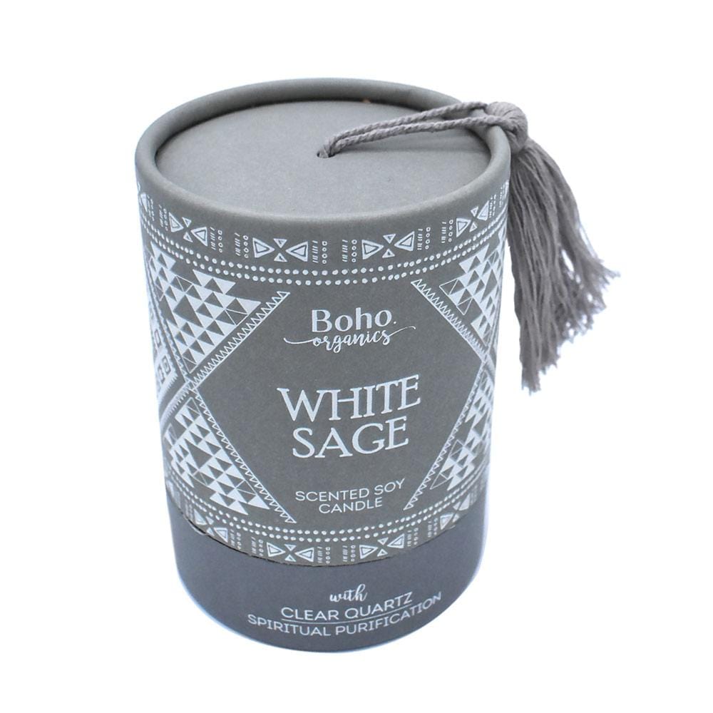 Boho Organics Soy Candle with Clear Quartz Crystal - White Sage &Keep