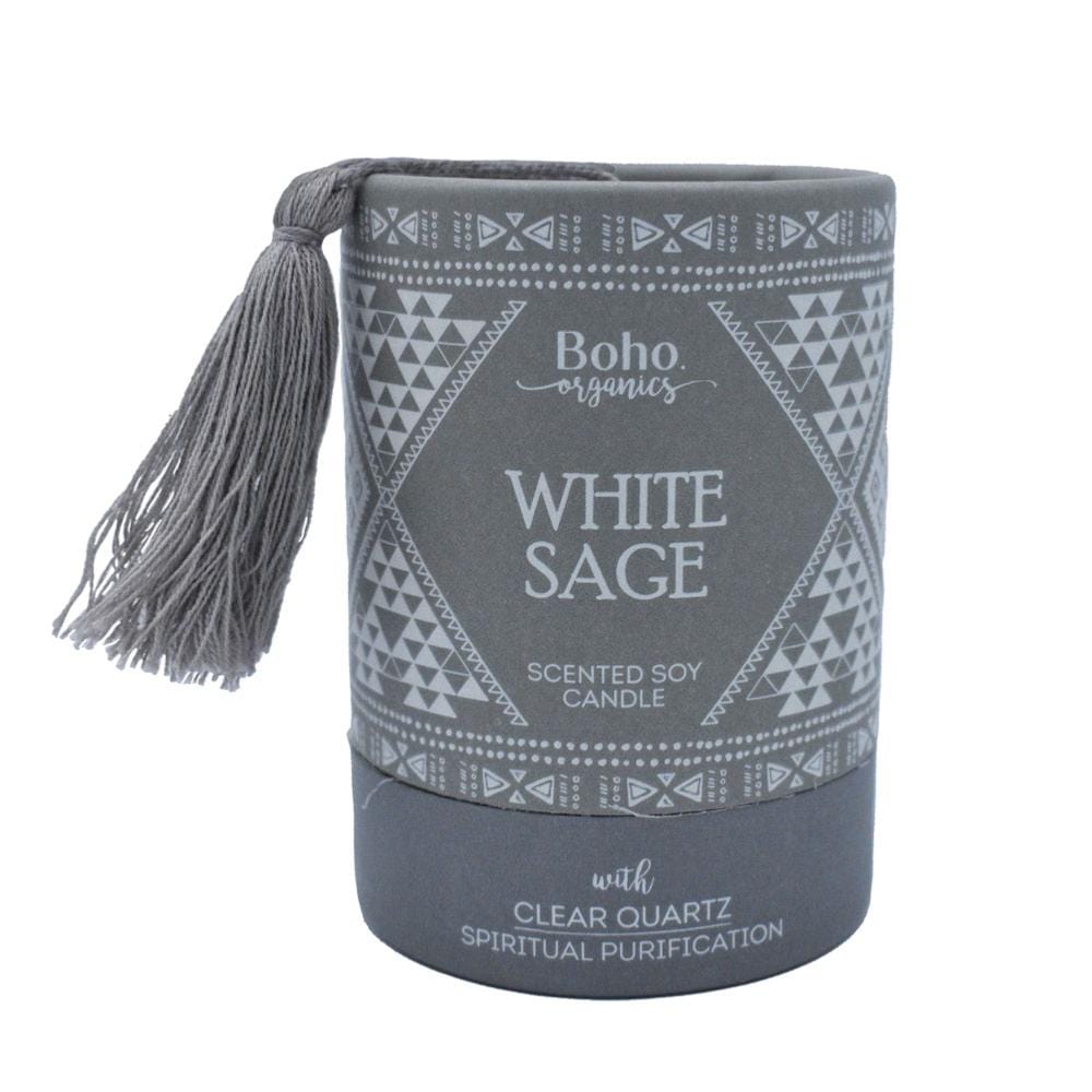 Boho Organics Soy Candle with Clear Quartz Crystal - White Sage &Keep