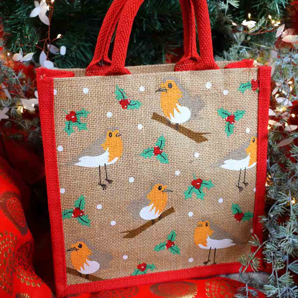 Robins Christmas Jute Gift Bag/Shopping Bag - Medium Shared Earth &Keep