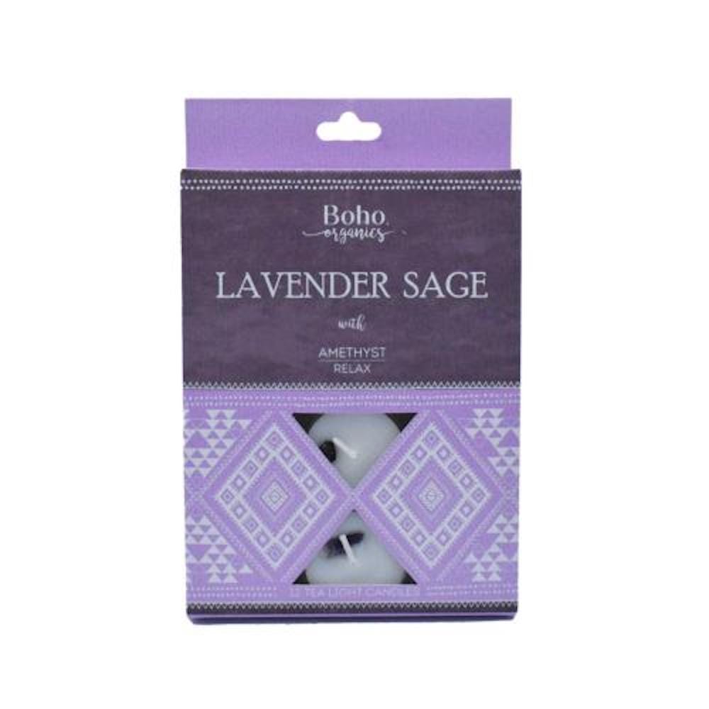 Boho Organics 12 Tea Light Soy Candles with Amethyst Crystals - Lavender Sage &Keep