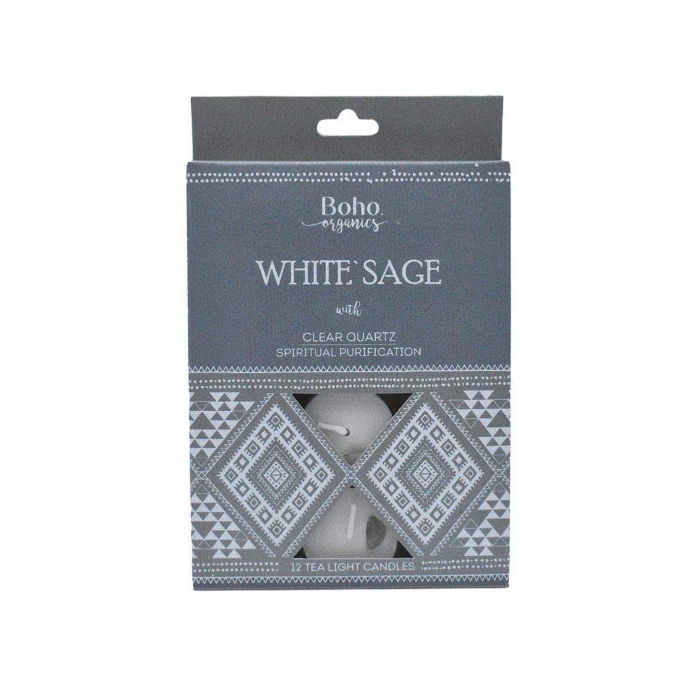 Boho Organics 12 Tea Light Soy Candles with Clear Quartz Crystals - White Sage &Keep