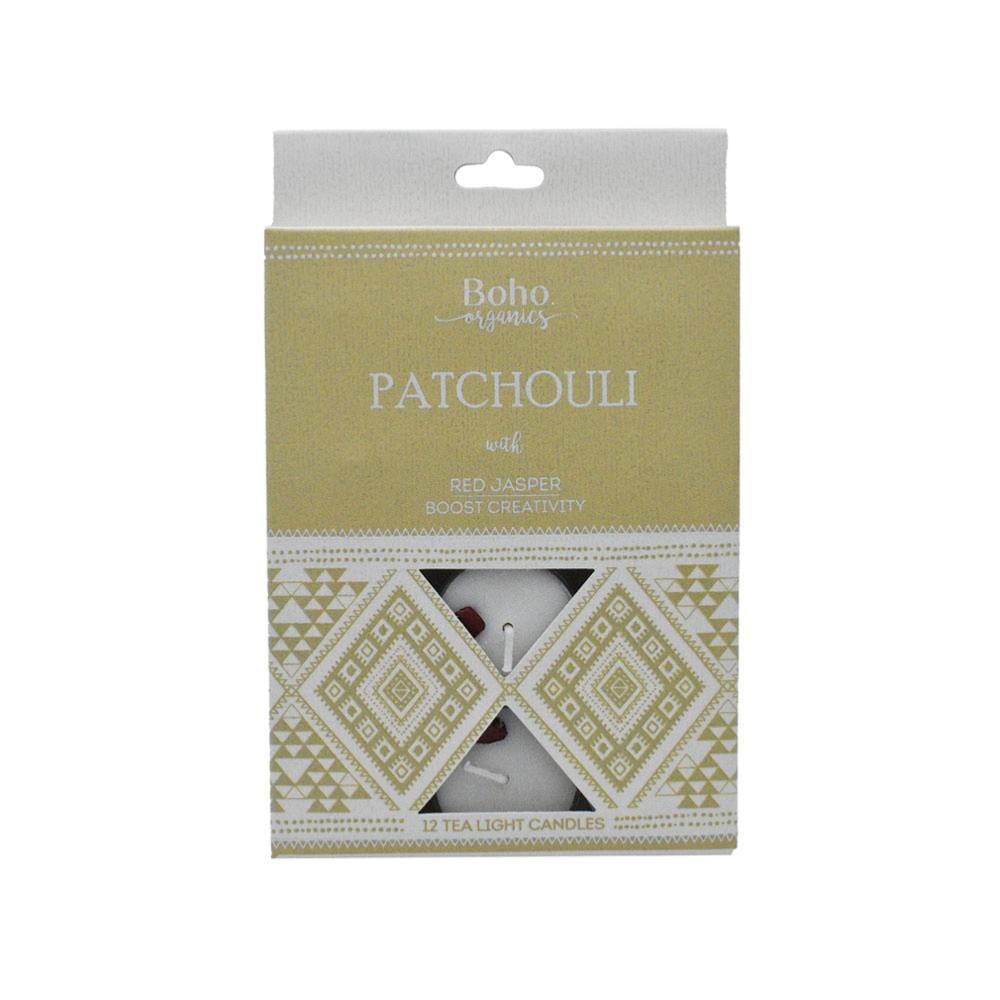 Boho Organics 12 Tea Light Soy Candles with Red Jasper Crystals - Patchouli &Keep