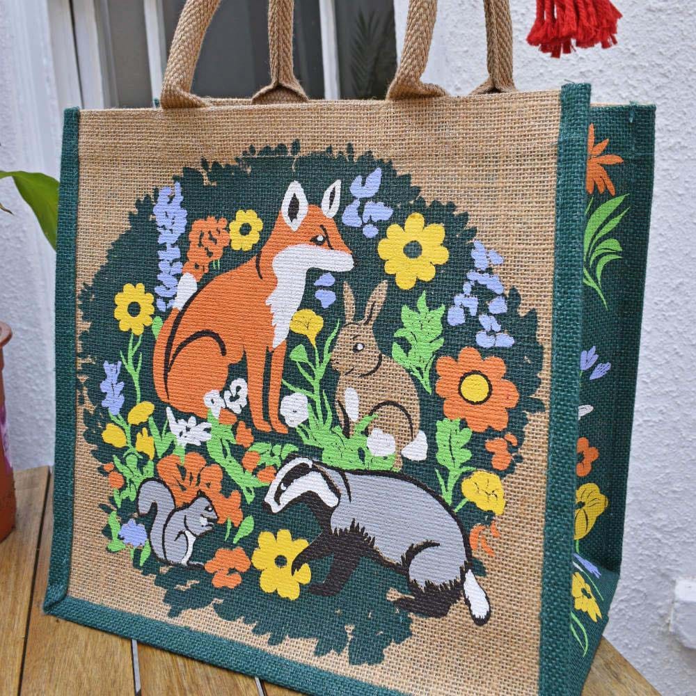 Medium Jute Shopping Bag by Shared Earth - British Woodland Animals &Keep