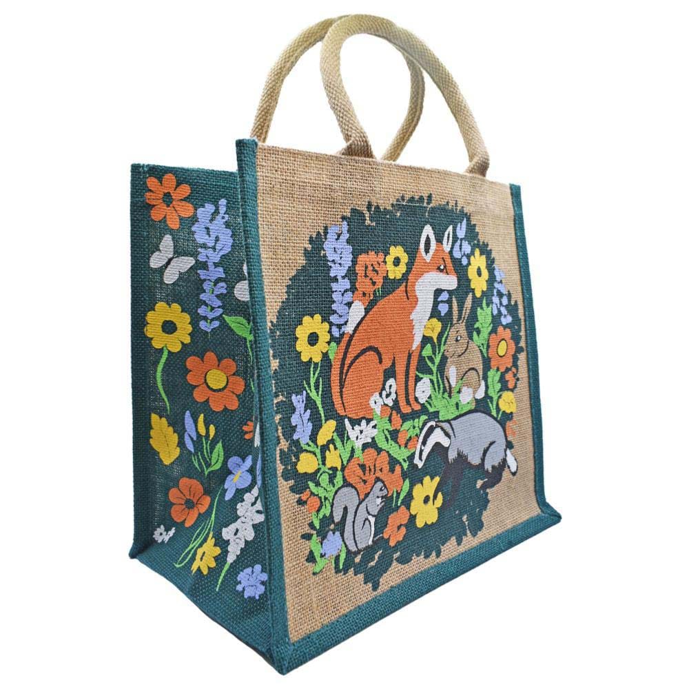 Medium Jute Shopping Bag by Shared Earth - British Woodland Animals &Keep