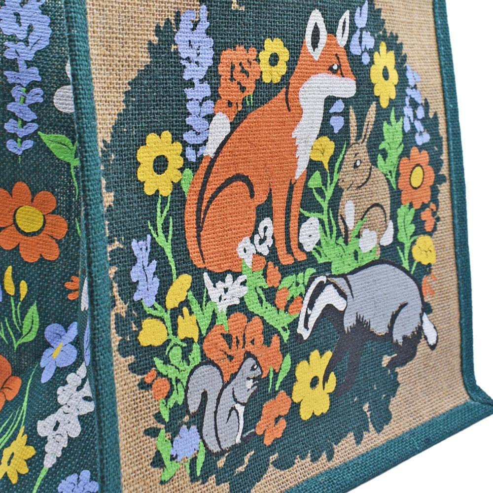 Medium Jute Shopping Bag by Shared Earth - British Woodland Animals &Keep