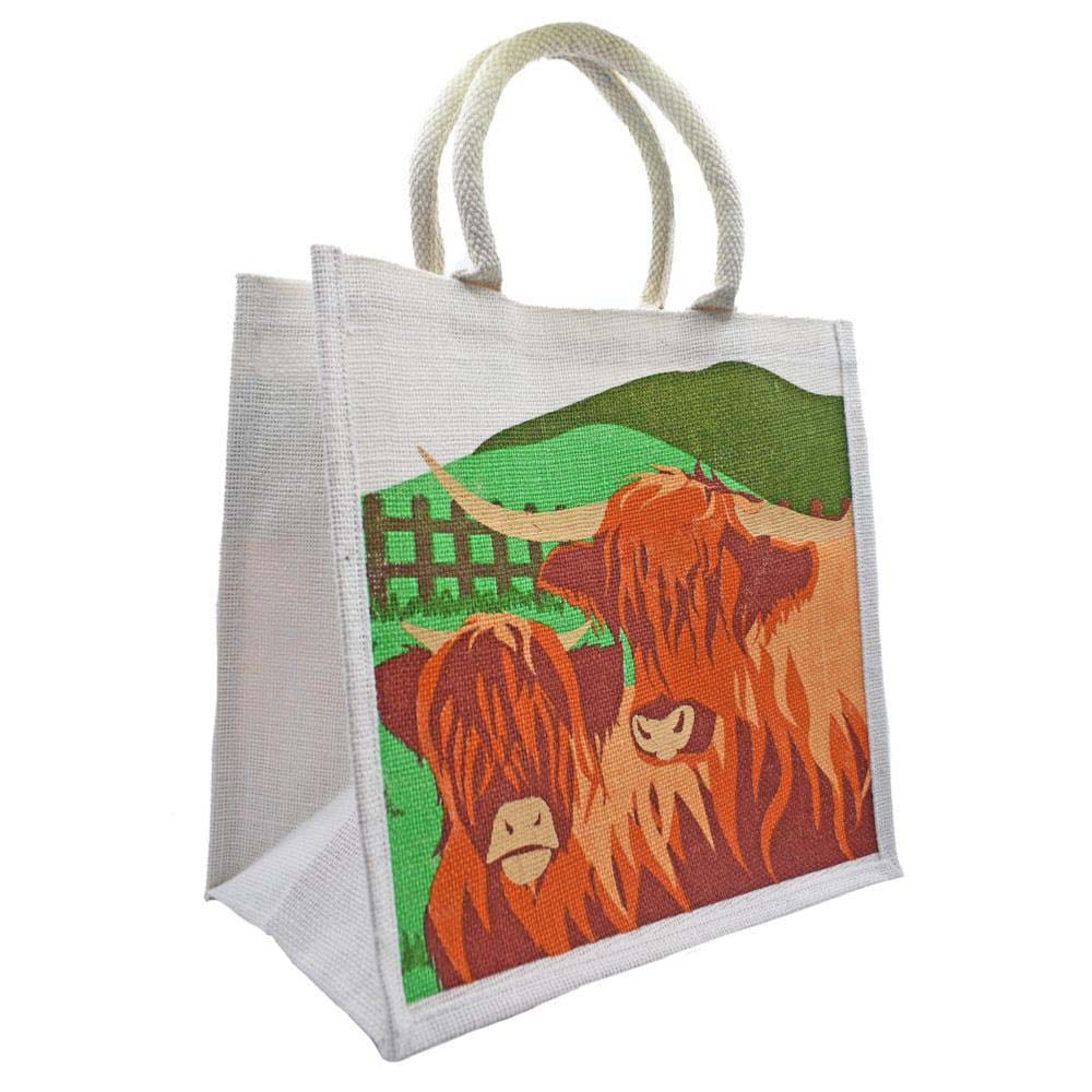 Medium Jute Shopping Bag by Shared Earth - Highland Cattle &Keep