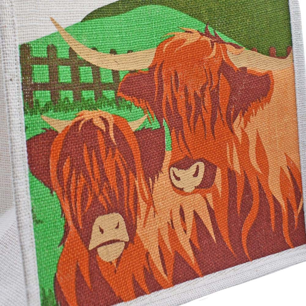 Medium Jute Shopping Bag by Shared Earth - Highland Cattle &Keep