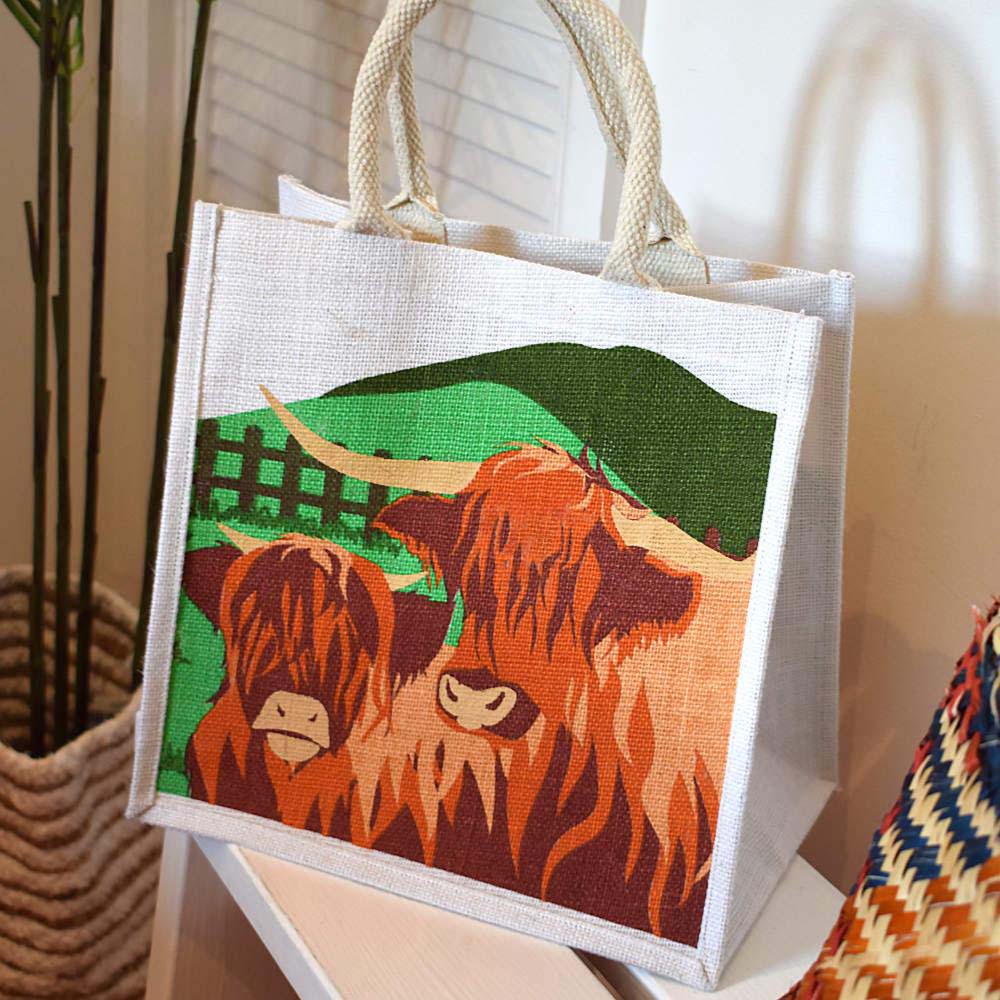 Medium Jute Shopping Bag by Shared Earth - Highland Cattle &Keep