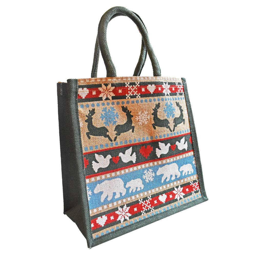 Square Jute Shopping Bag by Shared Earth - Winter Animals &Keep