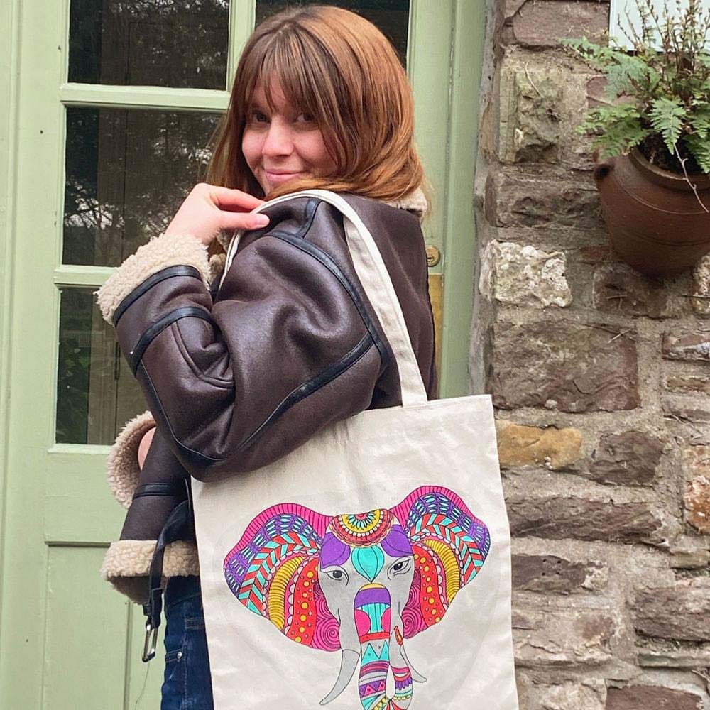 Recycled Cotton Tote Shopping Bag by Shared Earth - Elephant Mandala &Keep