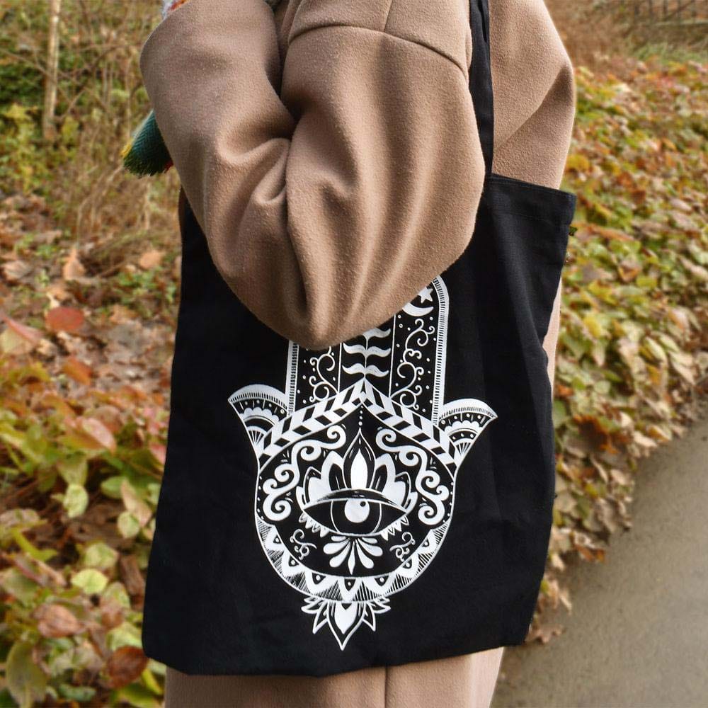 Recycled Cotton Tote Shopping Bag by Shared Earth - Hamsa Hand &Keep