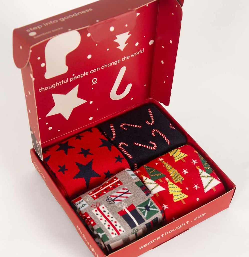 Candy Cane Gift Box of 4 Men's Bamboo & Organic Cotton Socks by Thought &Keep