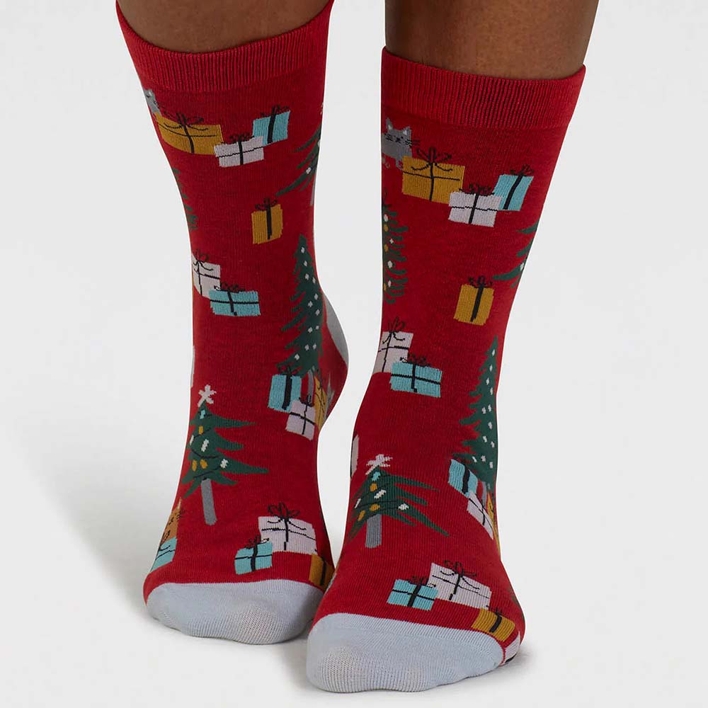 Christmas Themed Women's GOTS Organic Cotton Socks by Thought Poppy Red &Keep