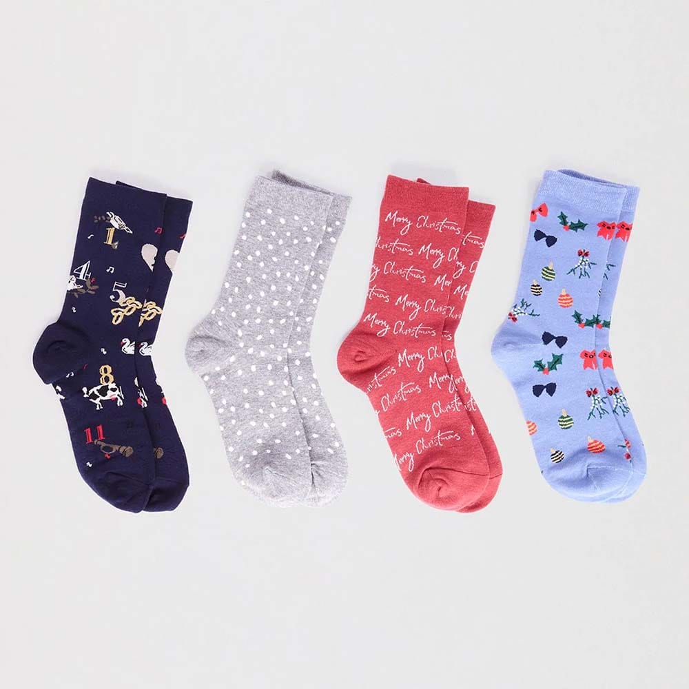 Gift Box of 4 Women's Organic Cotton Christmas Socks by Thought - 'Carole' &Keep