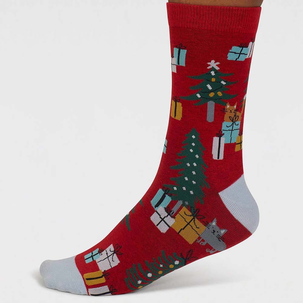 Christmas Themed Women's GOTS Organic Cotton Socks by Thought Poppy Red &Keep