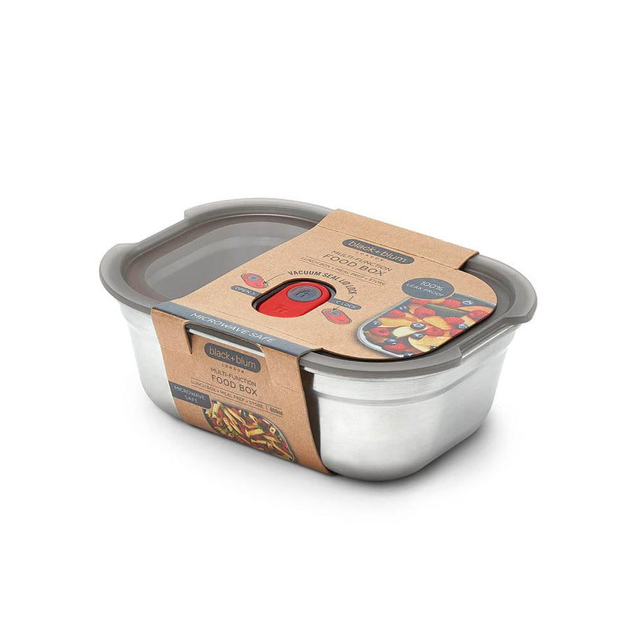 black+blum Stainless Steel Microwaveable Rectangular Lunch Box, 600ml,  Grey/Red