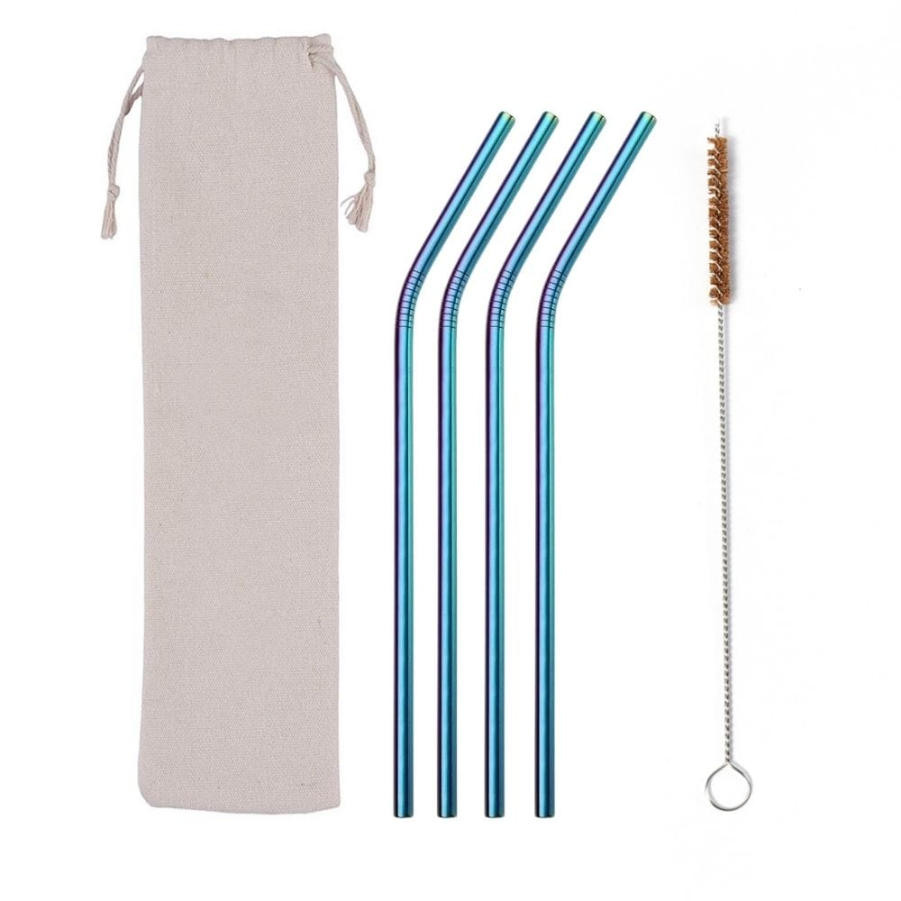 &Keep Set of 4 Stainless Steel Straws, Cleaning Brush & Bag Rainbow