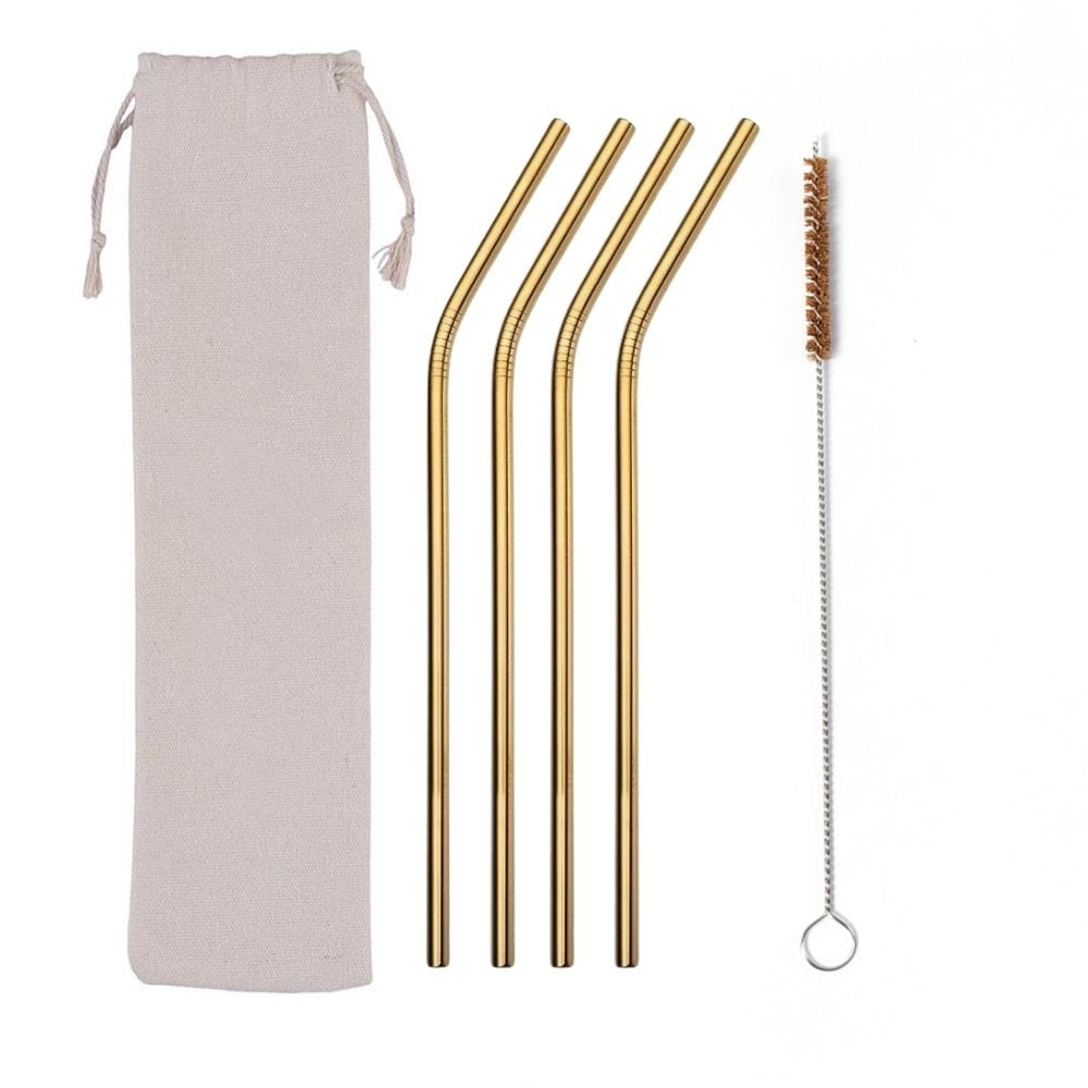 &Keep Set of 4 Stainless Steel Straws, Cleaning Brush & Bag Gold
