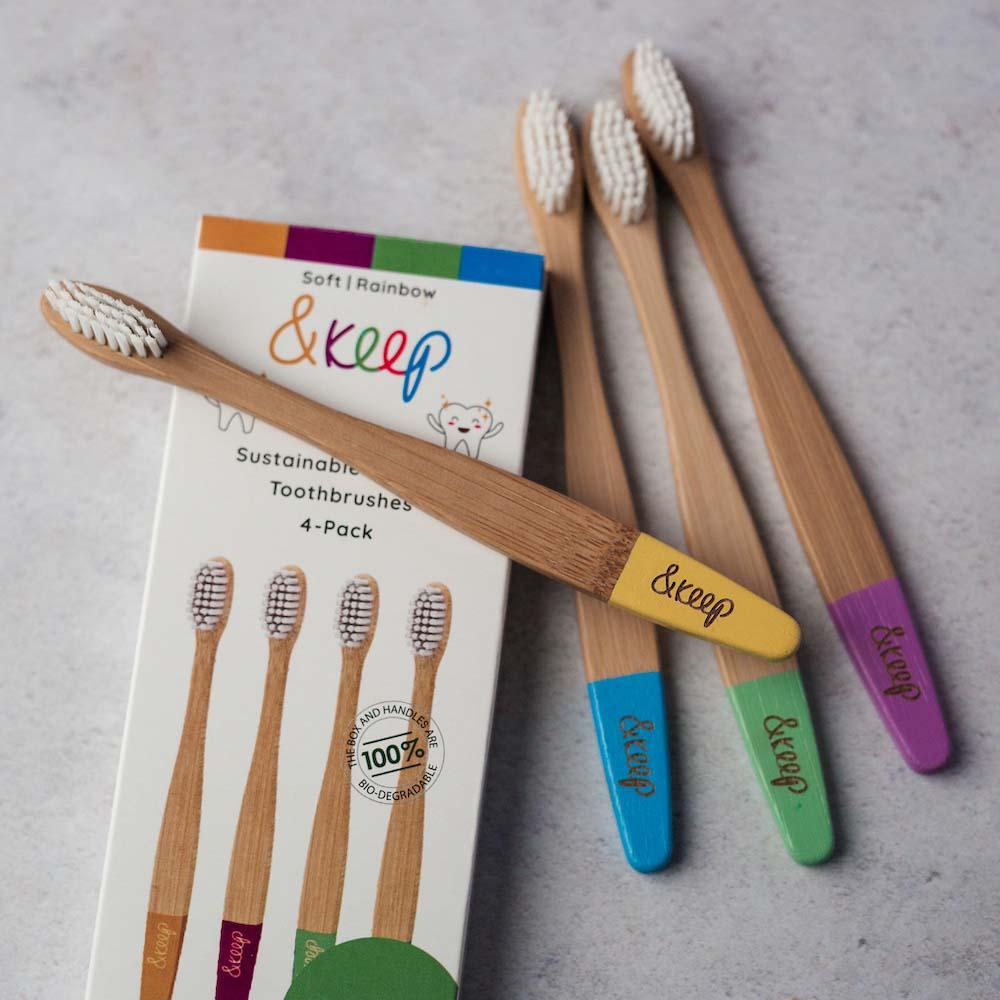 &Keep Children's Bamboo Toothbrushes - Pack of 4 Rainbow &Keep