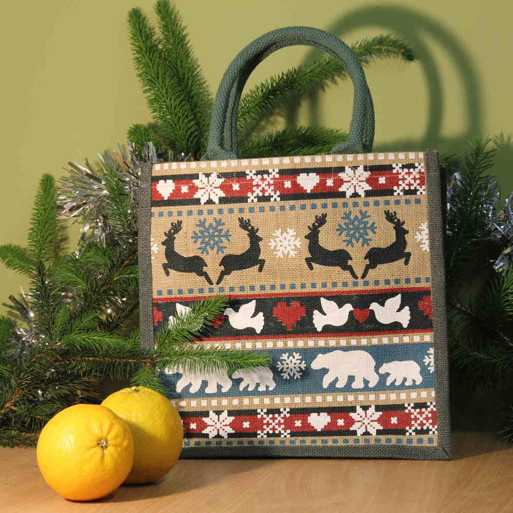 Square Jute Shopping Bag by Shared Earth - Winter Animals &Keep