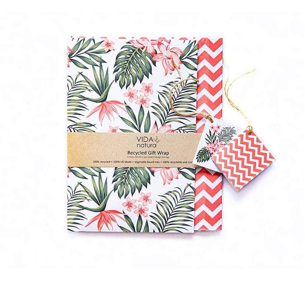 Eco Friendly Gift Wrap - 2 Sheets & 4 Tags - Tropical Flowers/ZigZag Vida Natural &Keep